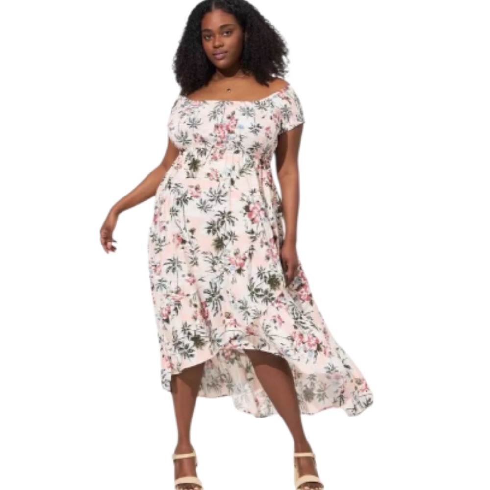 Not Available. Torrid NWT off shoulder tulip hem high-low maxi dress